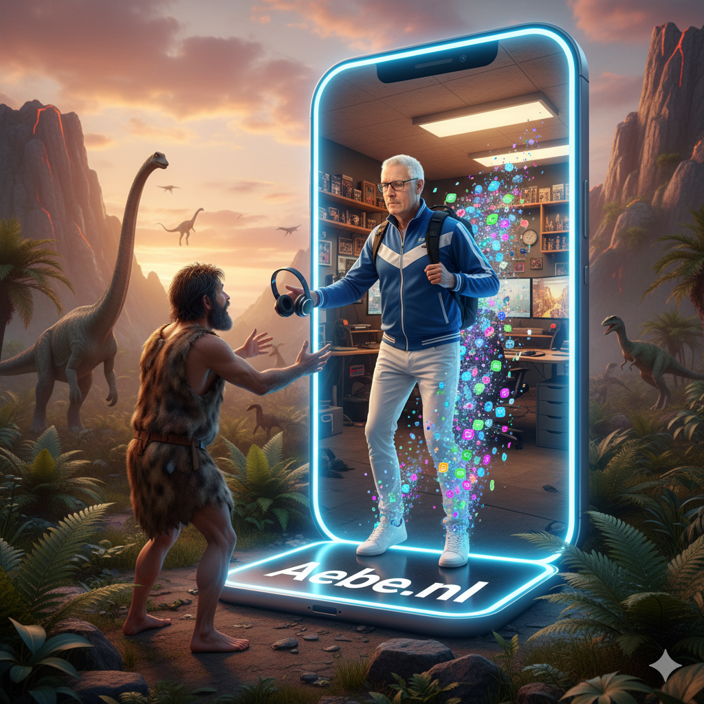 Futureman steps from a glowing smartphone portal, offering wireless headphones to a caveman