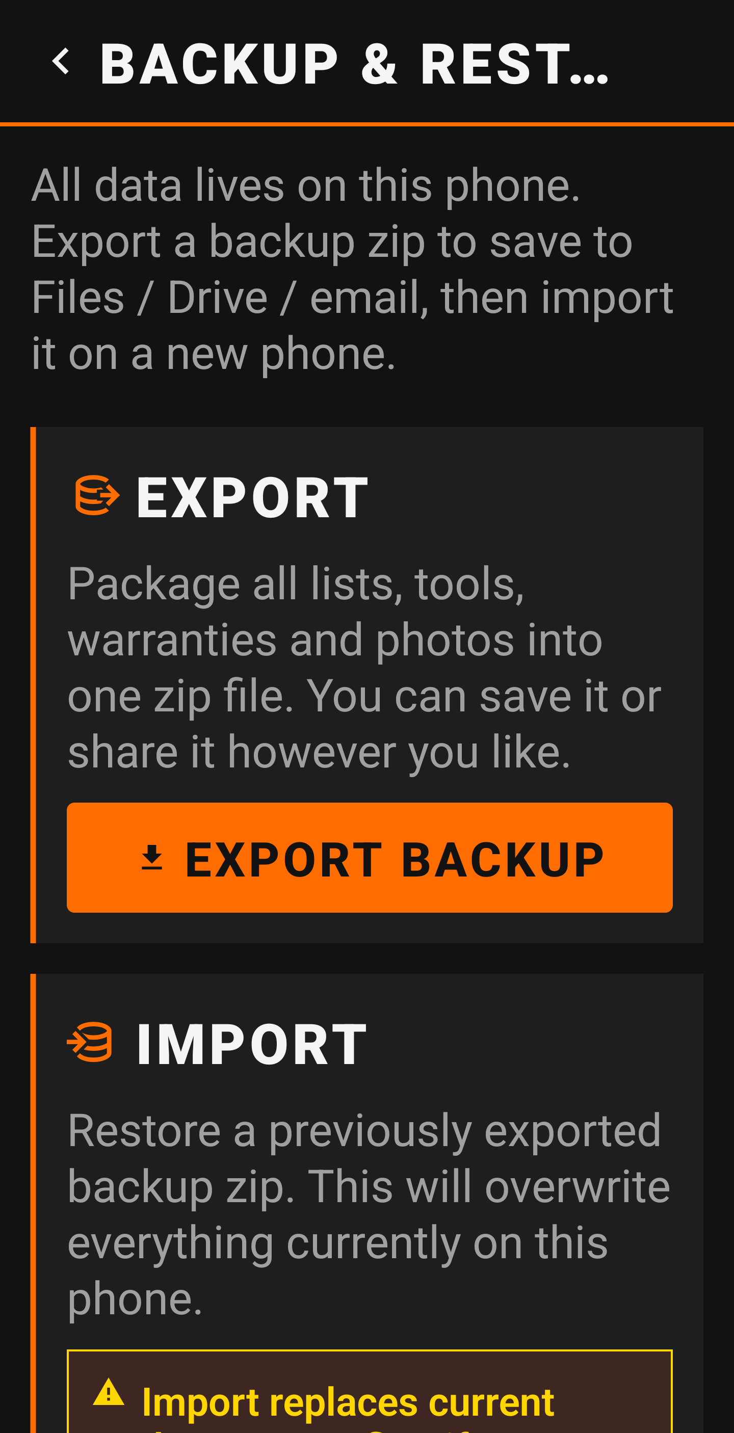 Backup and Restore screen