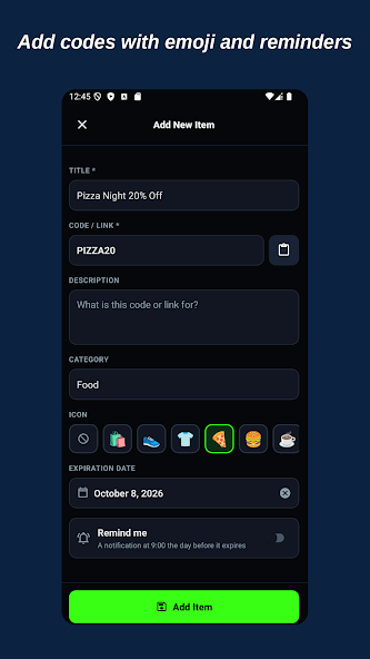 LinksOffline app: add codes with emoji and reminders