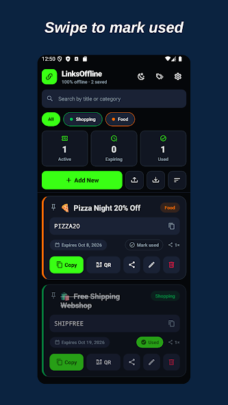 LinksOffline app: swipe to mark used